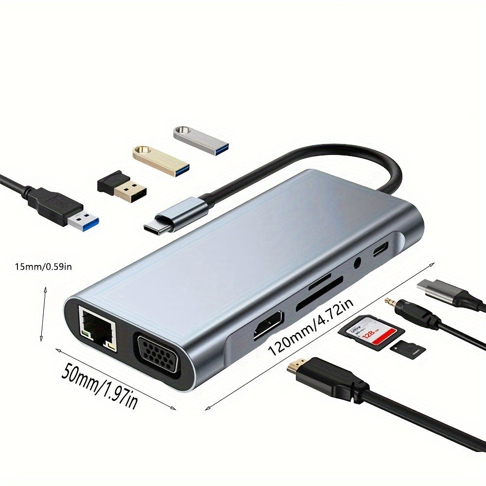 Hub USB Type-C 11-en-1 avec convertisseur HD 4K pour ordinateur portable et mobile