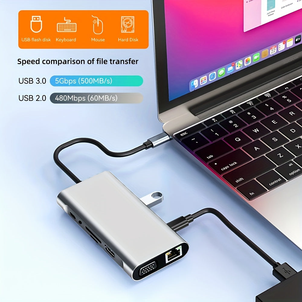 Hub USB Type-C 11-en-1 avec convertisseur HD 4K pour ordinateur portable et mobile