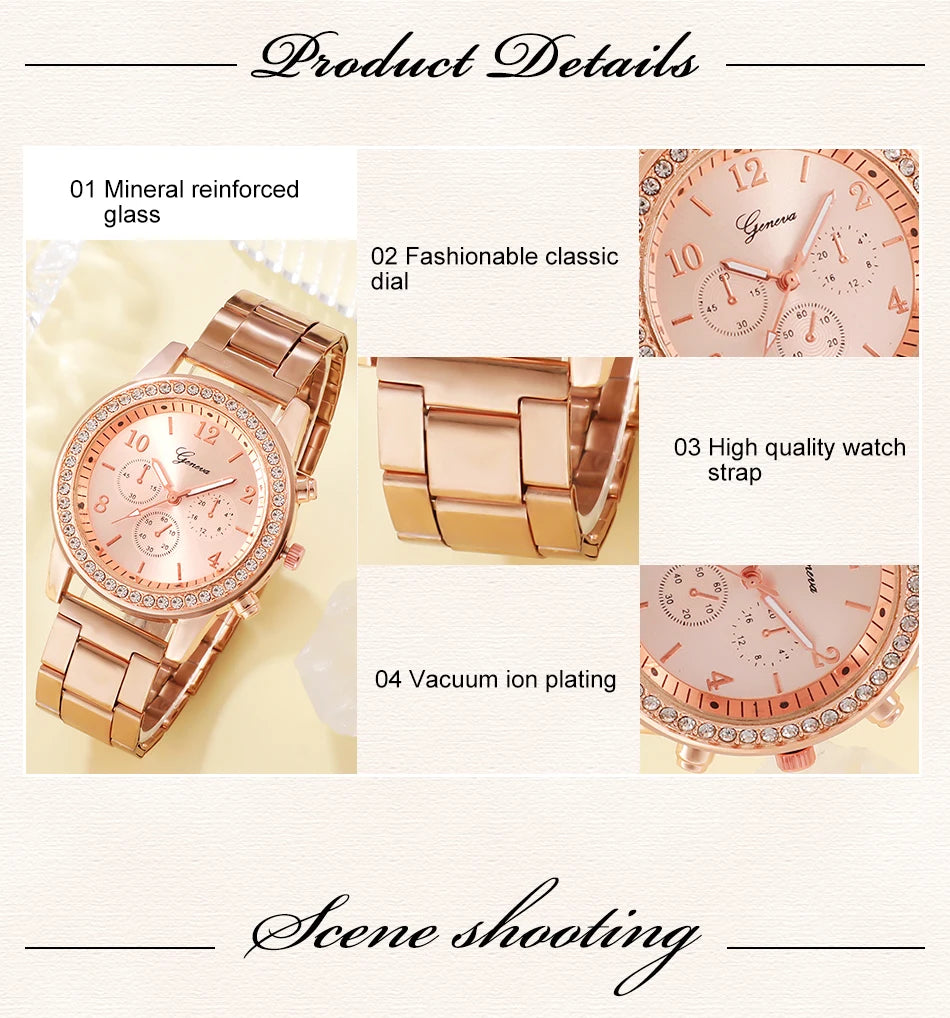 Set Or Rose Montre De Luxe Femmes Anneau Collier Boucle D'oreille Strass Mode Montre-Bracelet Casual Dames Bracelet Montres