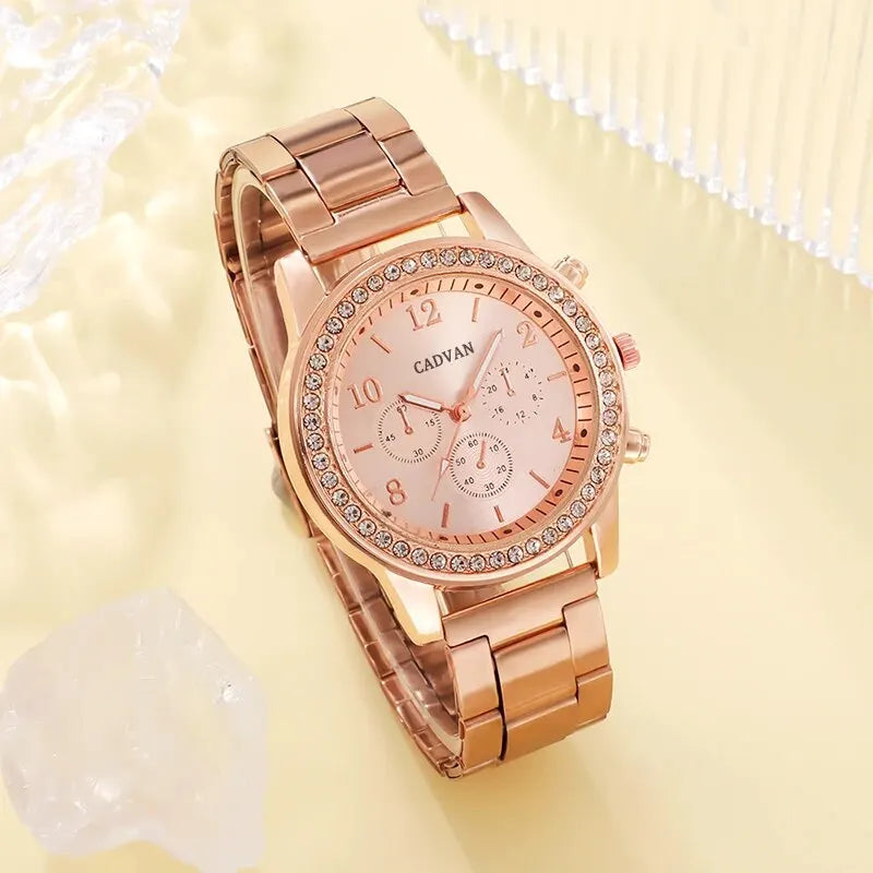 Set Or Rose Montre De Luxe Femmes Anneau Collier Boucle D'oreille Strass Mode Montre-Bracelet Casual Dames Bracelet Montres