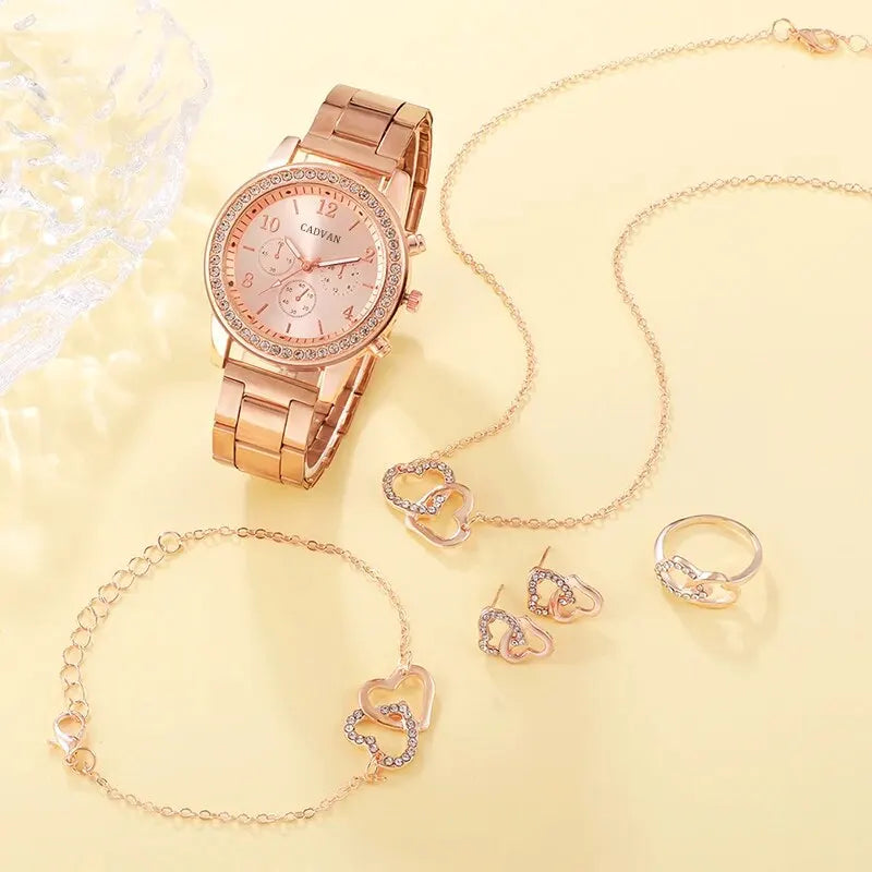 Set Or Rose Montre De Luxe Femmes Anneau Collier Boucle D'oreille Strass Mode Montre-Bracelet Casual Dames Bracelet Montres