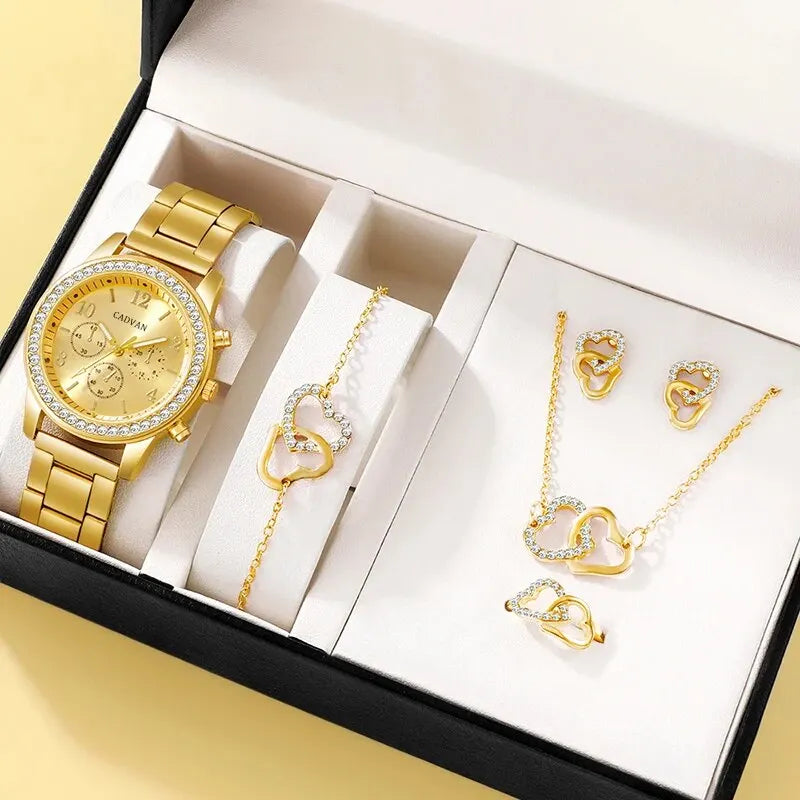 Set Or Rose Montre De Luxe Femmes Anneau Collier Boucle D'oreille Strass Mode Montre-Bracelet Casual Dames Bracelet Montres