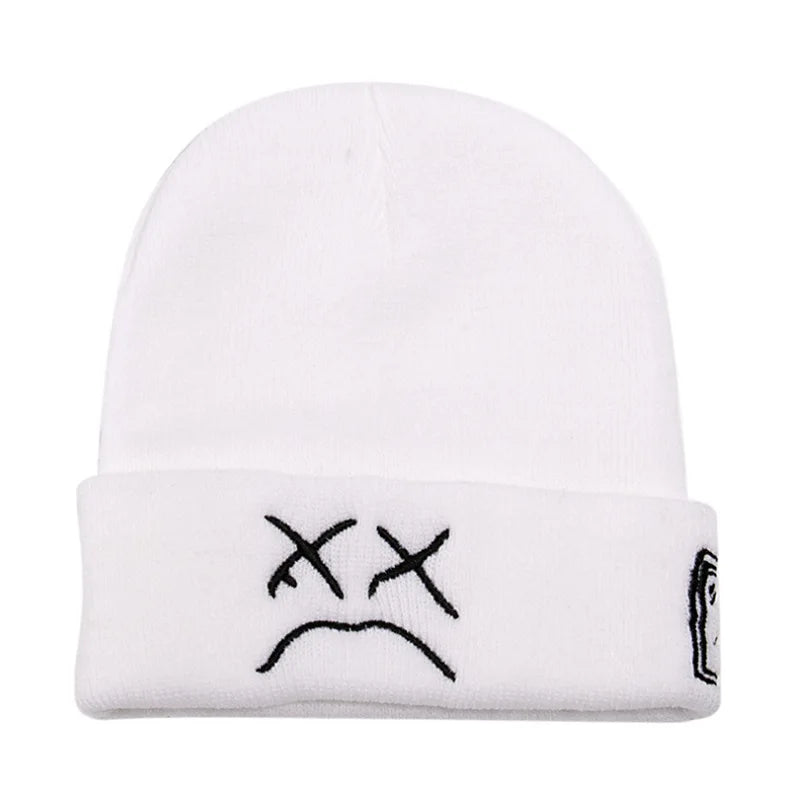 Bonnet Tricoté Hiver LilPeep – Broderie "Sad Face" avec Expression Amusante pour Hommes et Femmes