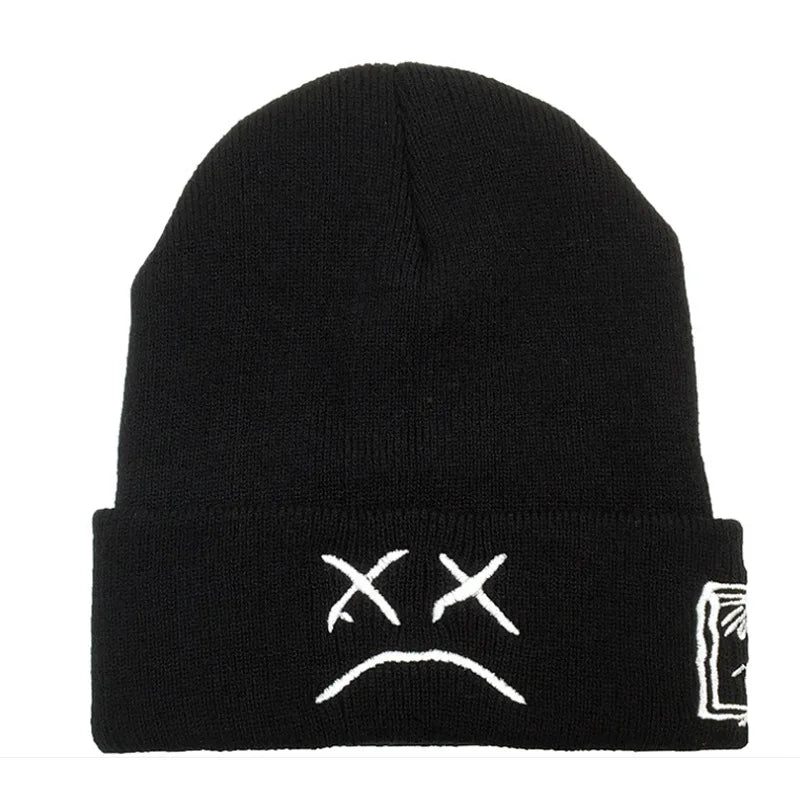 Bonnet Tricoté Hiver LilPeep – Broderie "Sad Face" avec Expression Amusante pour Hommes et Femmes