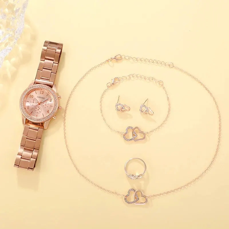 Set Or Rose Montre De Luxe Femmes Anneau Collier Boucle D'oreille Strass Mode Montre-Bracelet Casual Dames Bracelet Montres