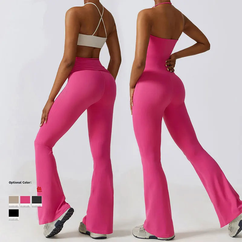 Combinaison de sport une pièce pour femme, pantalon évasé fitness