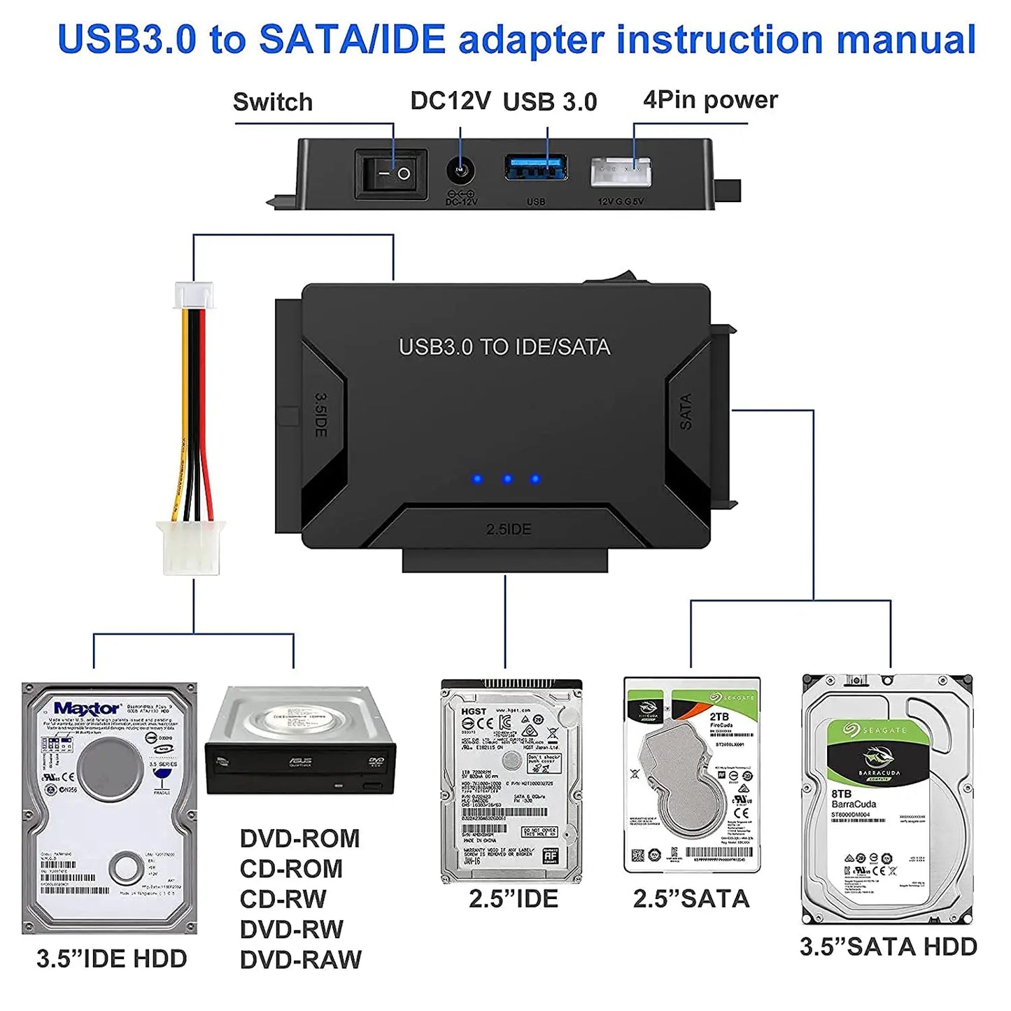 Adaptateur de disque dur USB 3.0 à SATA IDE, câble convertisseur pour disque dur 3.5 2.5 pouces/SSD CD DVD ROM CD-RW 3 en 1 IDE SATA