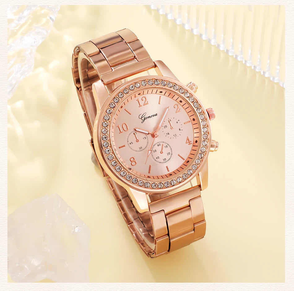 Set Or Rose Montre De Luxe Femmes Anneau Collier Boucle D'oreille Strass Mode Montre-Bracelet Casual Dames Bracelet Montres