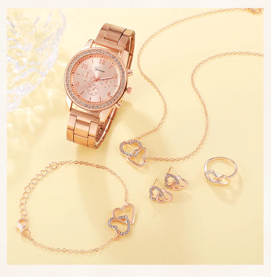 Set Or Rose Montre De Luxe Femmes Anneau Collier Boucle D'oreille Strass Mode Montre-Bracelet Casual Dames Bracelet Montres