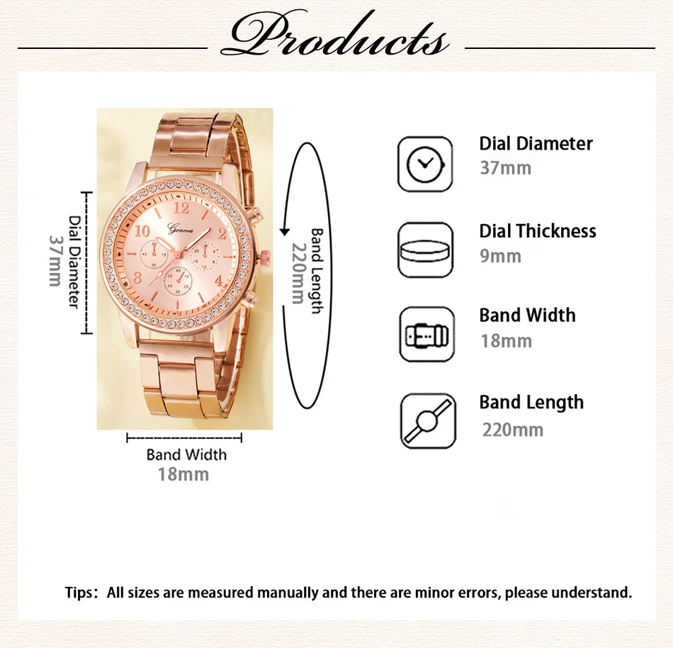 Set Or Rose Montre De Luxe Femmes Anneau Collier Boucle D'oreille Strass Mode Montre-Bracelet Casual Dames Bracelet Montres