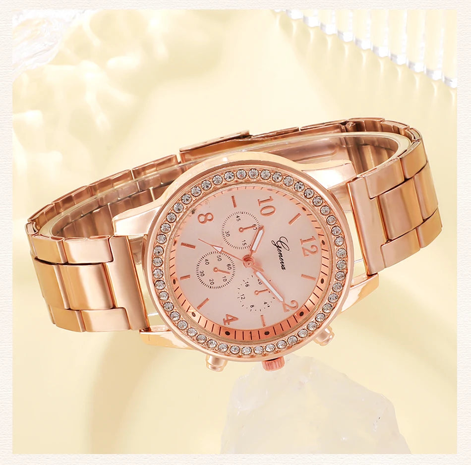 Set Or Rose Montre De Luxe Femmes Anneau Collier Boucle D'oreille Strass Mode Montre-Bracelet Casual Dames Bracelet Montres