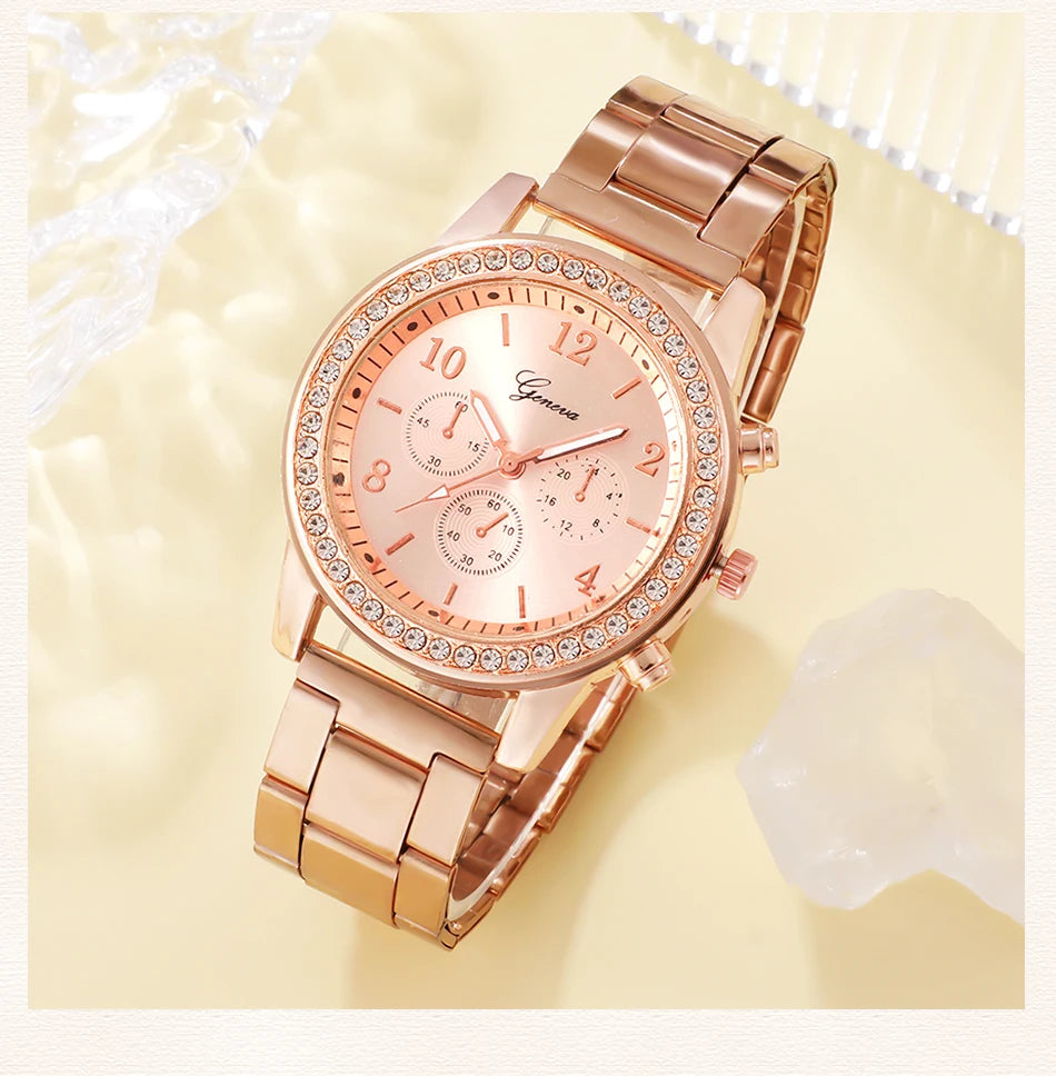 Set Or Rose Montre De Luxe Femmes Anneau Collier Boucle D'oreille Strass Mode Montre-Bracelet Casual Dames Bracelet Montres