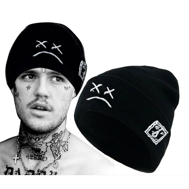 Bonnet Tricoté Hiver LilPeep – Broderie "Sad Face" avec Expression Amusante pour Hommes et Femmes