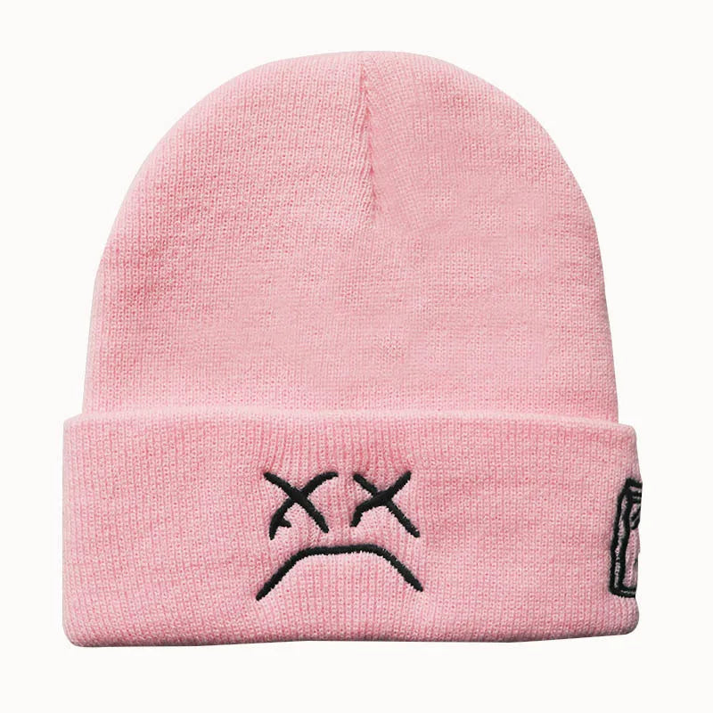 Bonnet Tricoté Hiver LilPeep – Broderie "Sad Face" avec Expression Amusante pour Hommes et Femmes