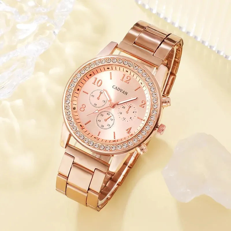 Set Or Rose Montre De Luxe Femmes Anneau Collier Boucle D'oreille Strass Mode Montre-Bracelet Casual Dames Bracelet Montres