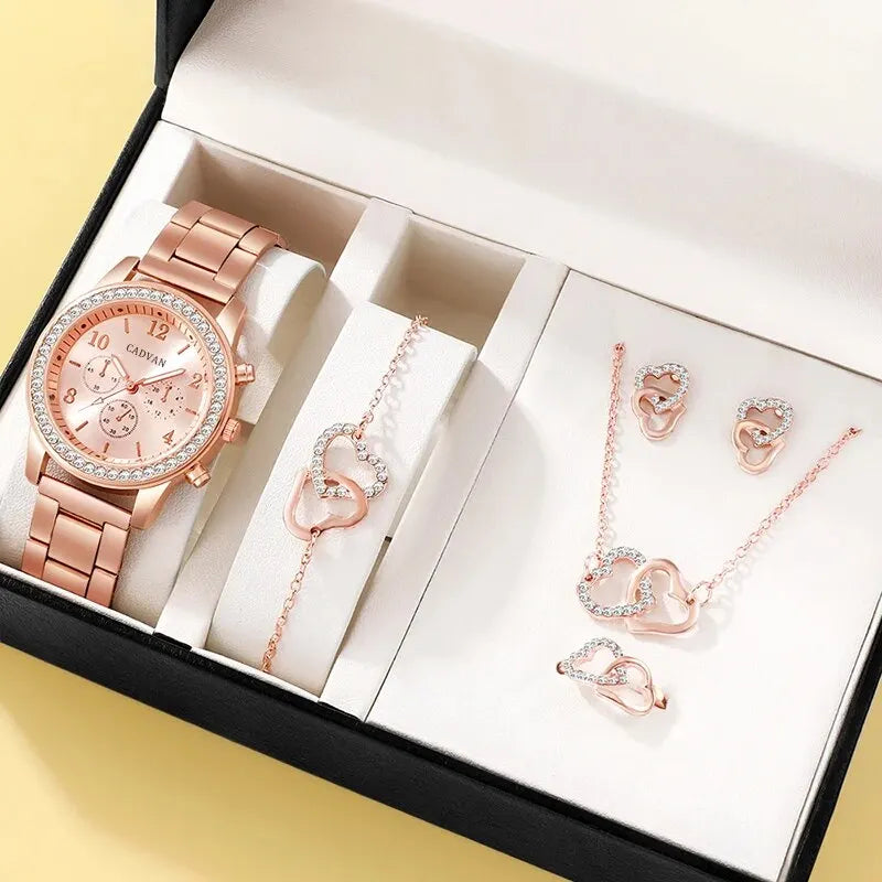 Set Or Rose Montre De Luxe Femmes Anneau Collier Boucle D'oreille Strass Mode Montre-Bracelet Casual Dames Bracelet Montres