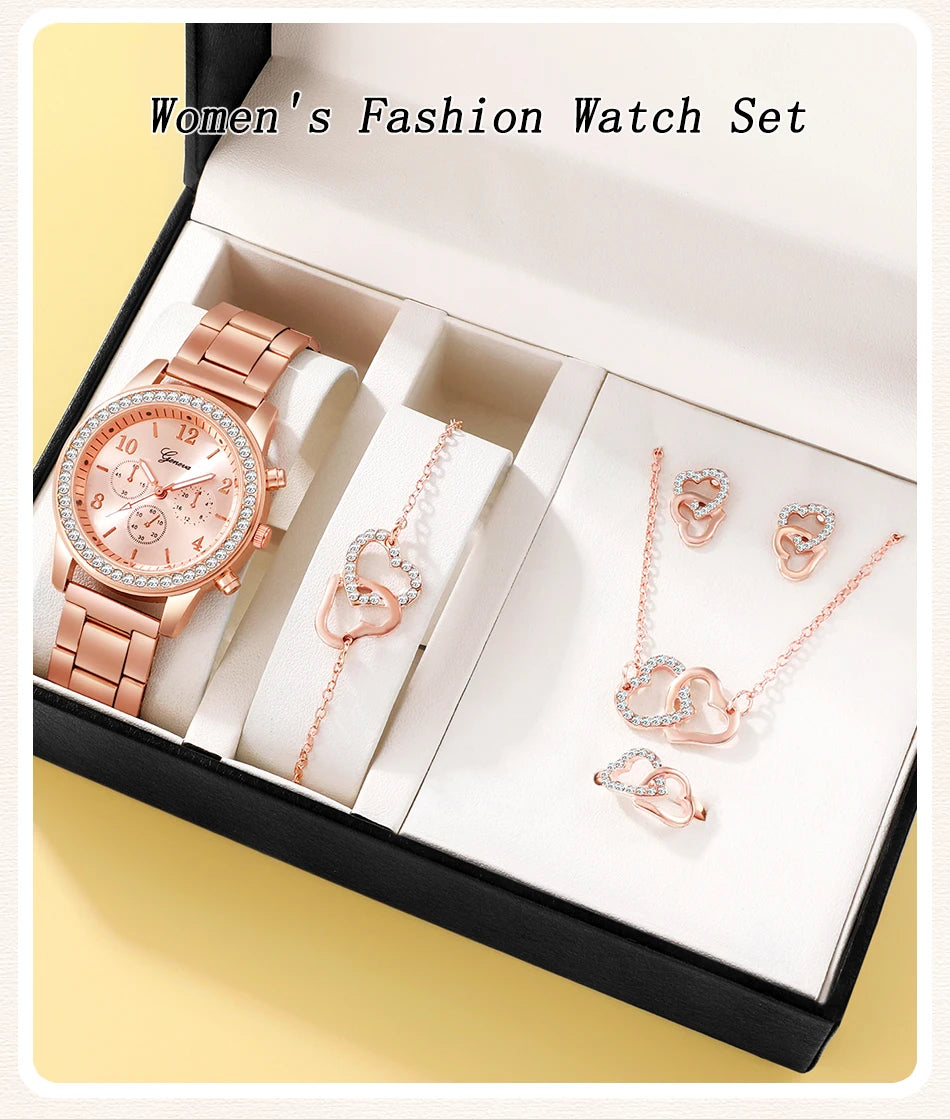 Set Or Rose Montre De Luxe Femmes Anneau Collier Boucle D'oreille Strass Mode Montre-Bracelet Casual Dames Bracelet Montres