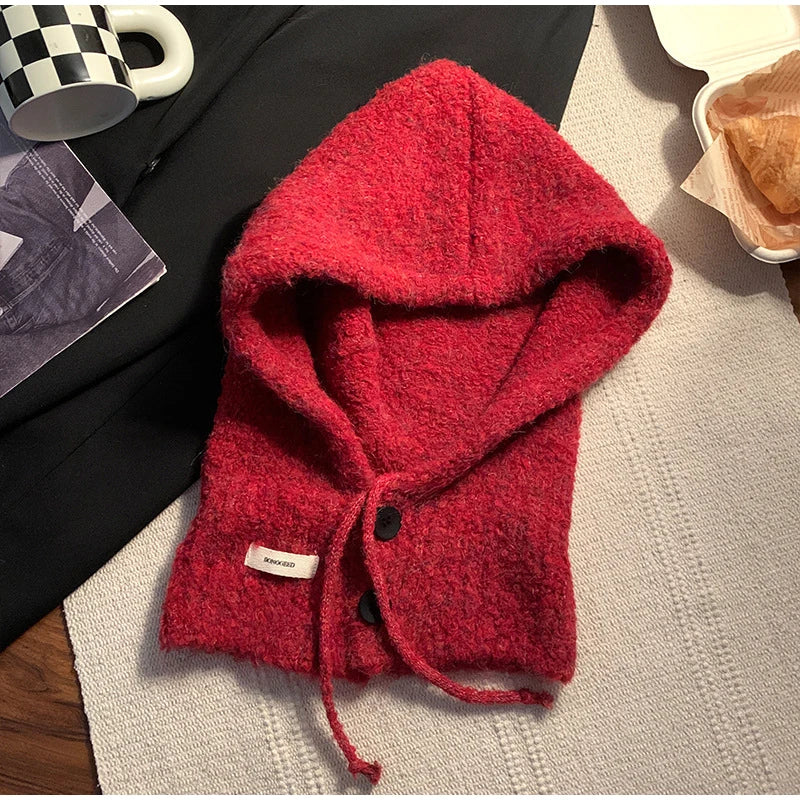 Chapeau d'Hiver en Laine Rouge – Bonnet Balaclava Tricoté avec Écharpe et Sangle – Confort et Élégance pour Femmes