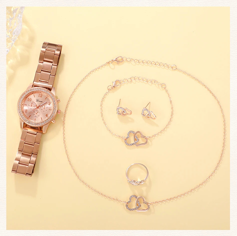 Set Or Rose Montre De Luxe Femmes Anneau Collier Boucle D'oreille Strass Mode Montre-Bracelet Casual Dames Bracelet Montres