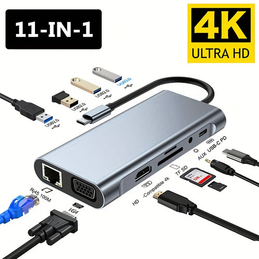 Hub USB Type-C 11-en-1 avec convertisseur HD 4K pour ordinateur portable et mobile