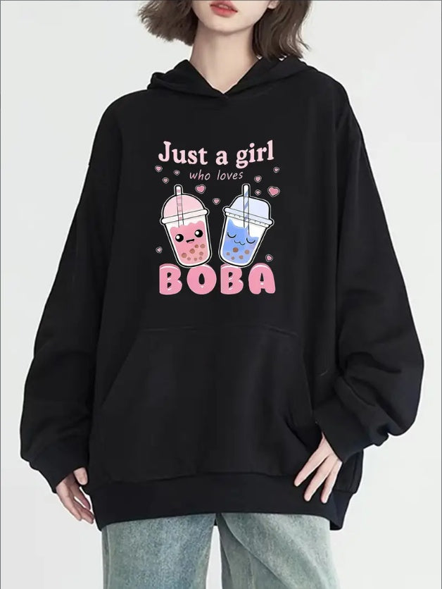 Women's Chic Boba Milk Tea Print Hoodie - Casual Long Sleeve With Pockets, Cozy  Pullover For Fall & Winter, For Autumn, Spring